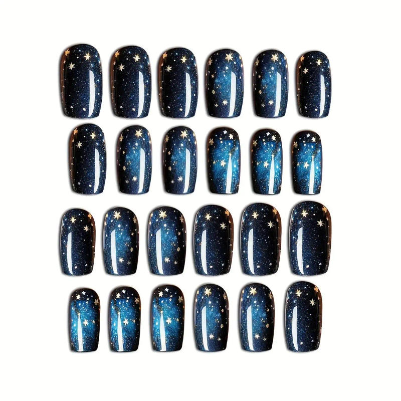 Description Picture 4 of item24Pcs Starry Press on Fake Nails Wearable Short Square False Nails Fashion Cartoon Nail Tips with Jelly Glue Full Cover Nail Art