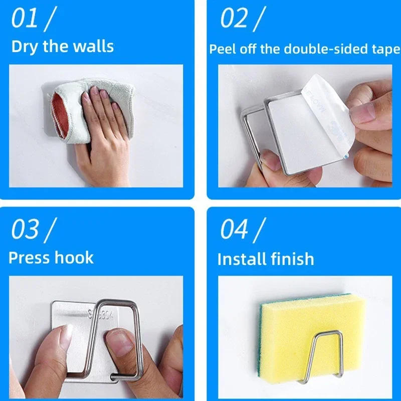 Description Picture 3 of itemKitchen Stainless Steel Sink Sponges Holder Self Adhesive Drain Drying Rack Kitchen Wall Hooks Accessories Storage Organizer