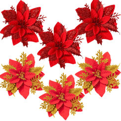 3PCS Christmas Flowers Red Gold Bling Flower Heads For Noel Home Tree Decorations Navidad Party Table Setting Decor Supplies