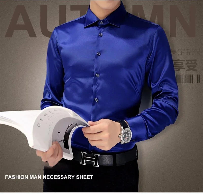 Description Picture 3 of itemPlus Size 5XL 2023 New Men's Luxury Shirts Wedding Dress Long Sleeve Shirt Silk Tuxedo Shirt Men Mercerized Cotton Shirt