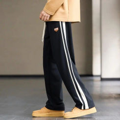 Korean Trend Summer Versatile Thin Straight Pants Men Solid Stripes Patchwork Drawstring Pocket Loose Sports Wide Leg Trousers