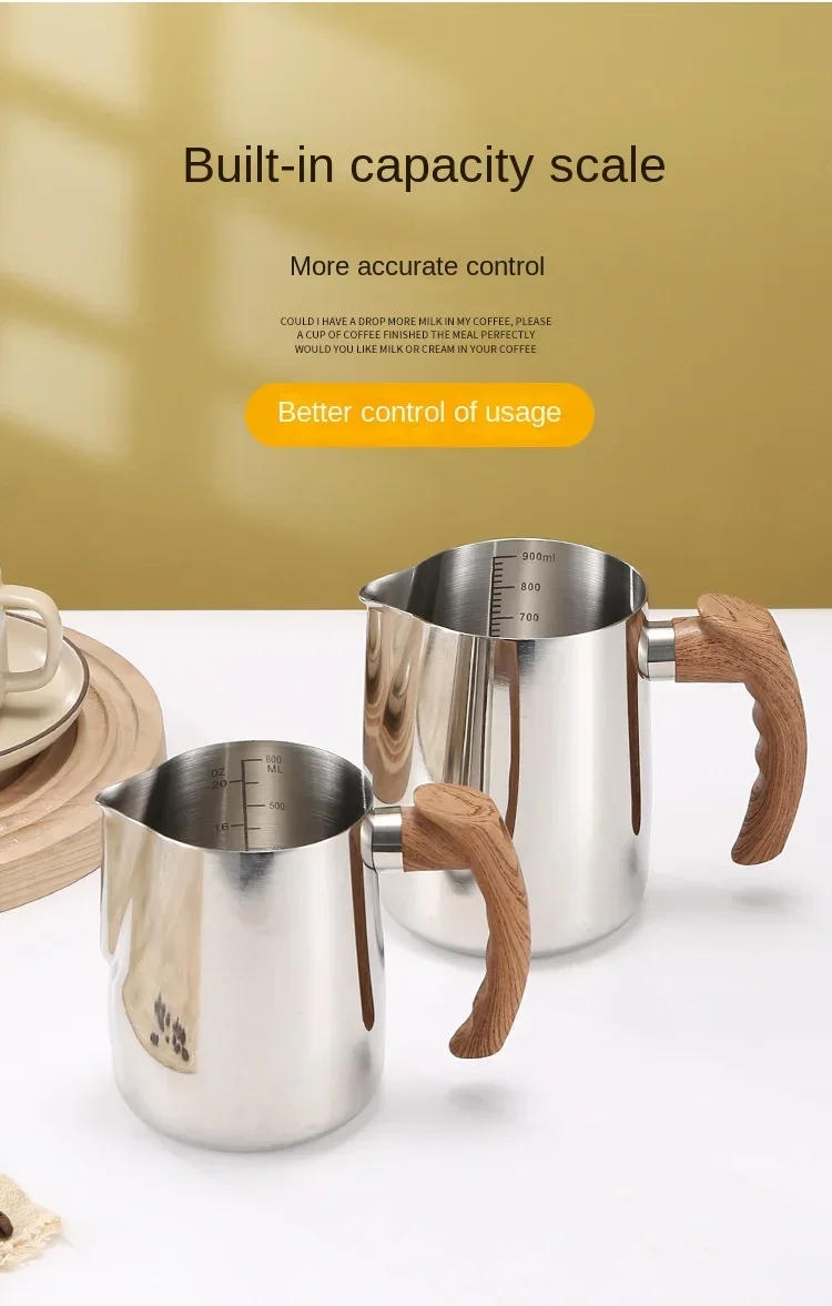 Description Picture 5 of item600/900ML Milk Frothing Pitcher with Precise Scale Wooden Handle Dripless Spout Stainless Steel Latte Coffee Cup Coffeeware