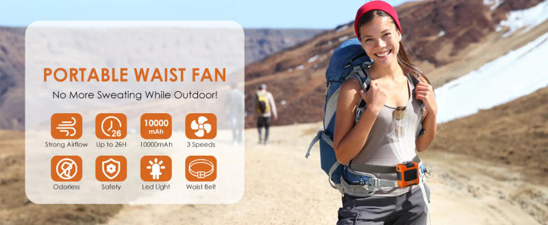 Description Picture 2 of item10000mah Portable Waist Fan Wearable Clip Fan With 3 Gear Wind USB Rechargeable Hanging Neck Fan For Outdoor Working Camping Fan