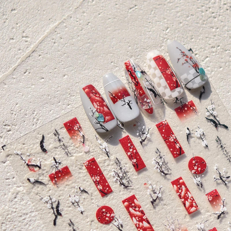 Description Picture 6 of itemRed Plum Blossom Flower Chinese 3D Self Adhesive Nail Art Decoration Stickers Cheongsam Iris Lily Lotus Vase 5D Manicure Decals