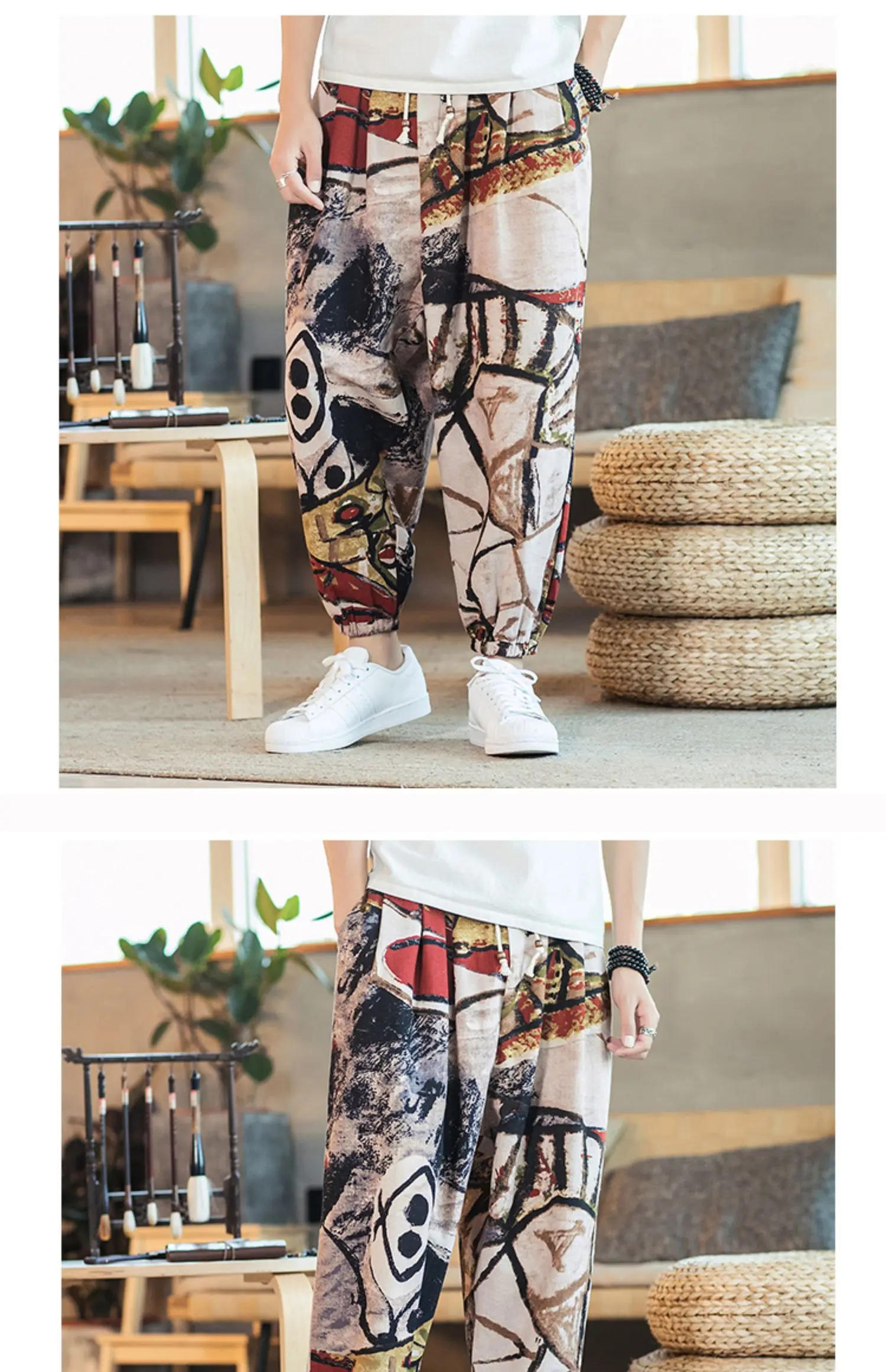 Description Picture 4 of itemMen Printed Harem Pants 2024 New Cotton Linen Drawstring Trousers Streetwear Hip Hop Fitting Jogging Loose Casual Wide Leg Pants