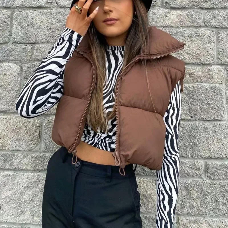 Description Picture 4 of itemWinter Short Down Sleeveless Vest Women Warm Stand Collar Zipper Jacket Casual Fashion Quilted Cropped Coats Street Outerwears