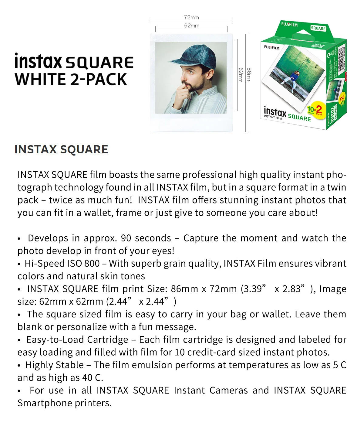 Description Picture 3 of itemOriginal Fujifilm Instax Square Instant white edge Film color film for Fuji SQ10 SQ6 SQ1 SQ20 SQ40 SP3 Hybrid format Cameras