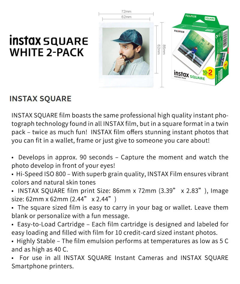 Description Picture 3 of itemOriginal Fujifilm Instax Square Instant white edge Film color film for Fuji SQ10 SQ6 SQ1 SQ20 SQ40 SP3 Hybrid format Cameras