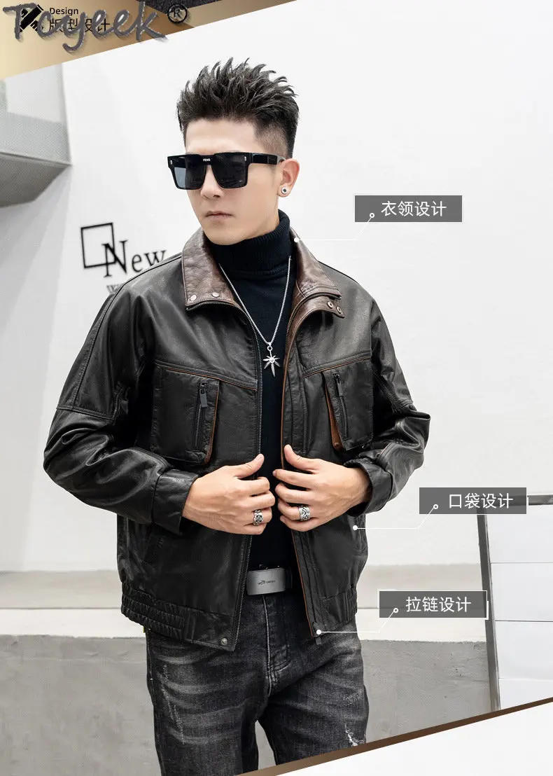 Description Picture 6 of itemTcyeek Motorcycle Genuine Leather Jacket Men Clothes Spring Fall Men's Top Layer Oil Wax Cowhide Coat Loose Hunting Suit Trendy