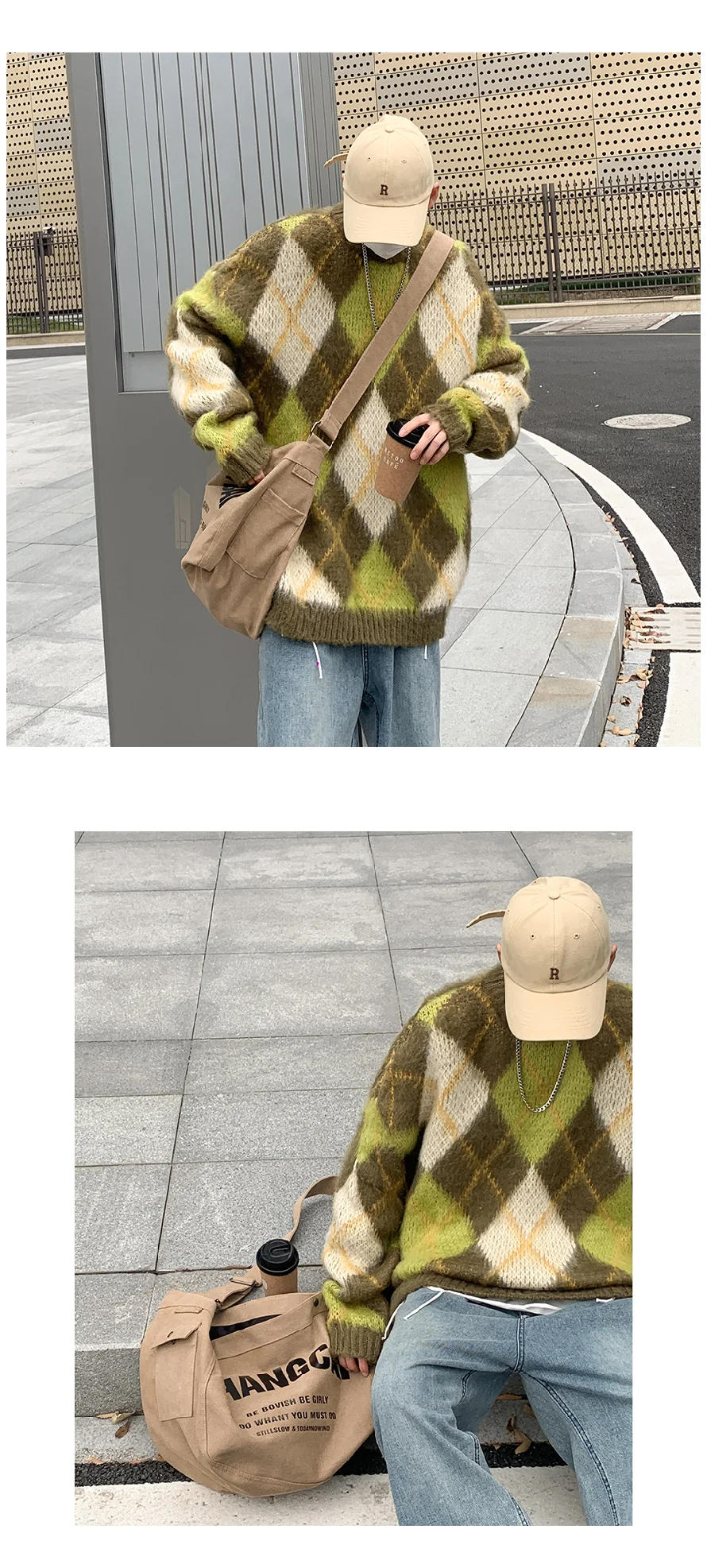 Description Picture 6 of itemWinter Niche Contrasting Plaid Sweaters Men's Retro Loose Casual High Street Personalized Knitted Pullover Men Tops Male Clothes