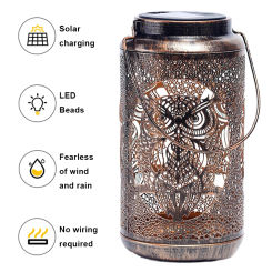 Owl Solar Lantern IP65 Waterproof Owl Hollowed-Out Metal Decor Lantern Outdoor Owl Solar Lights for Patio Yard Pathway Landscape