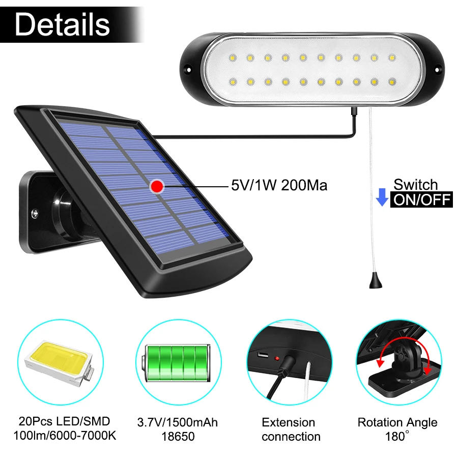 Description Picture 5 of itemNewest 20 Led Solar Lamp Separable Solar Panel and Light with Line Waterproof Pull- Switch Lighting Available Outdoor or Indoor