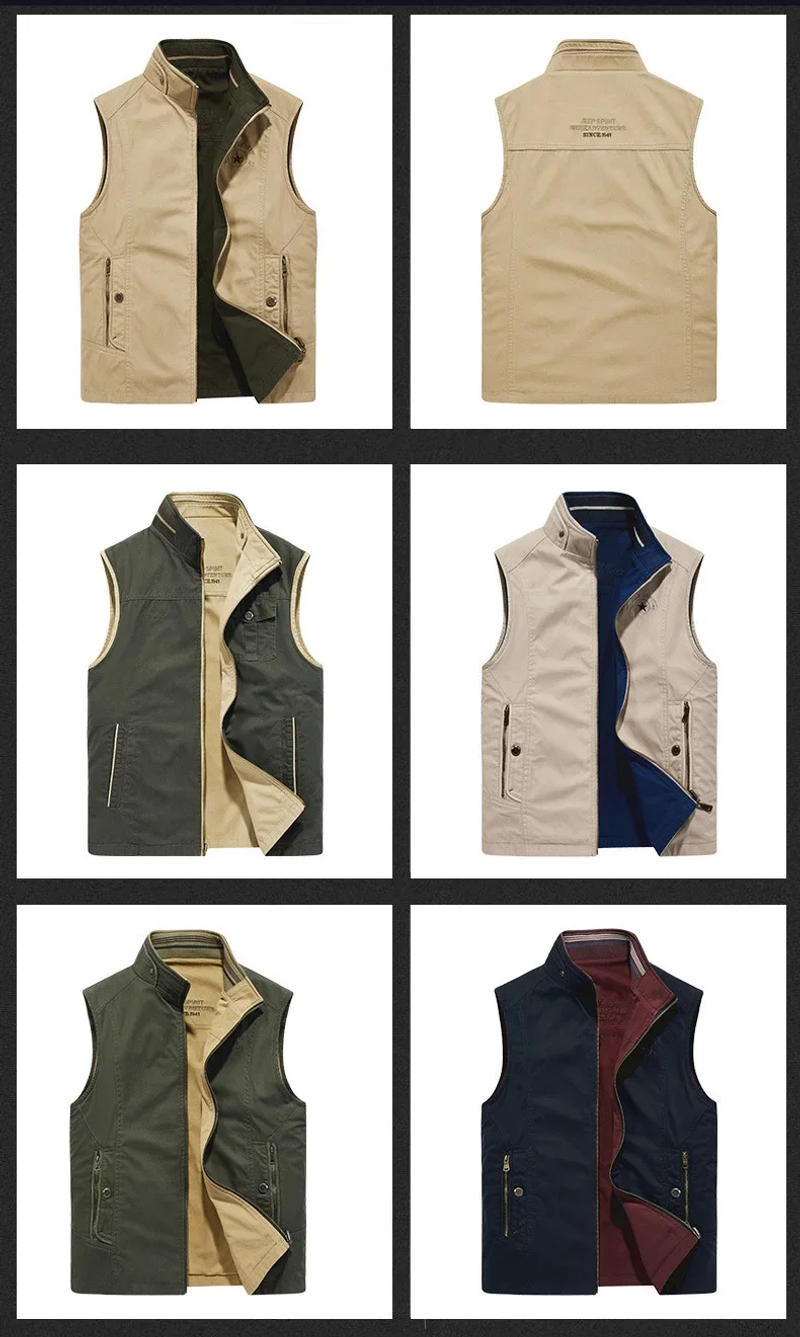 Description Picture 5 of itemSpring Autumn Military Vest Men Leisure Two-sided Wear Pure Cotton Mens Vest Outdoor Fishing Photography Waistcoat For Men M-4XL