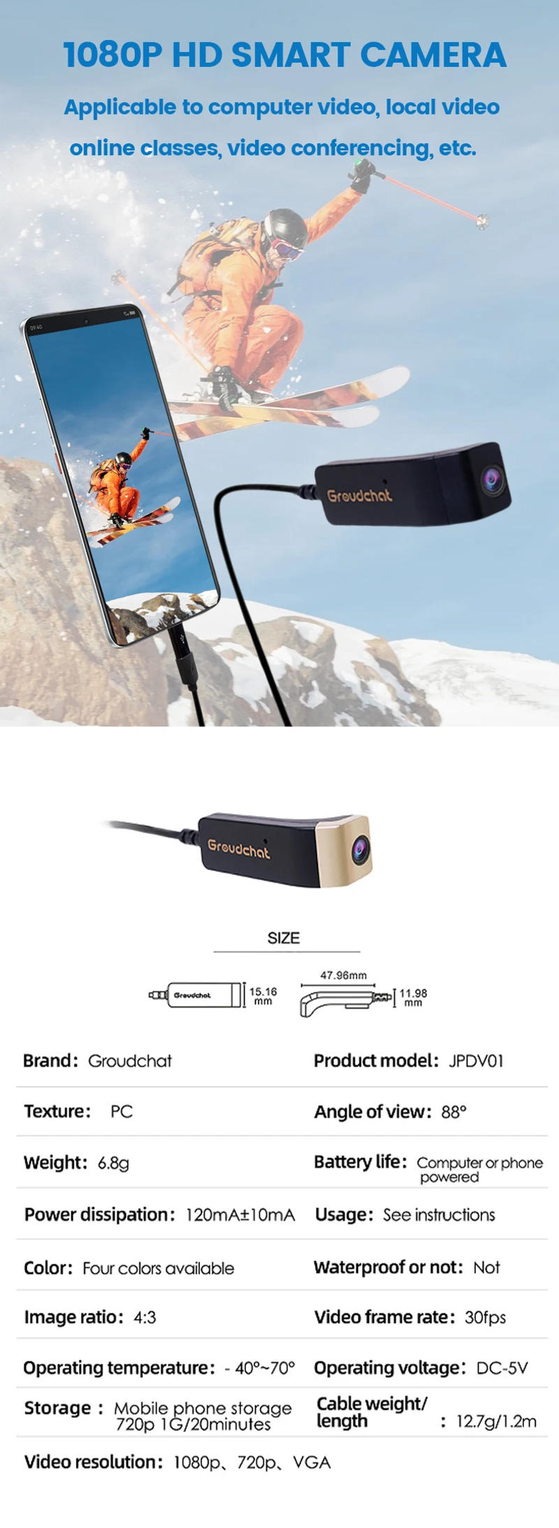 Description Picture 2 of itemSports Record 1080p HD Smart Camera USB Computer Camera Module Clip Glasses Android Phone Control