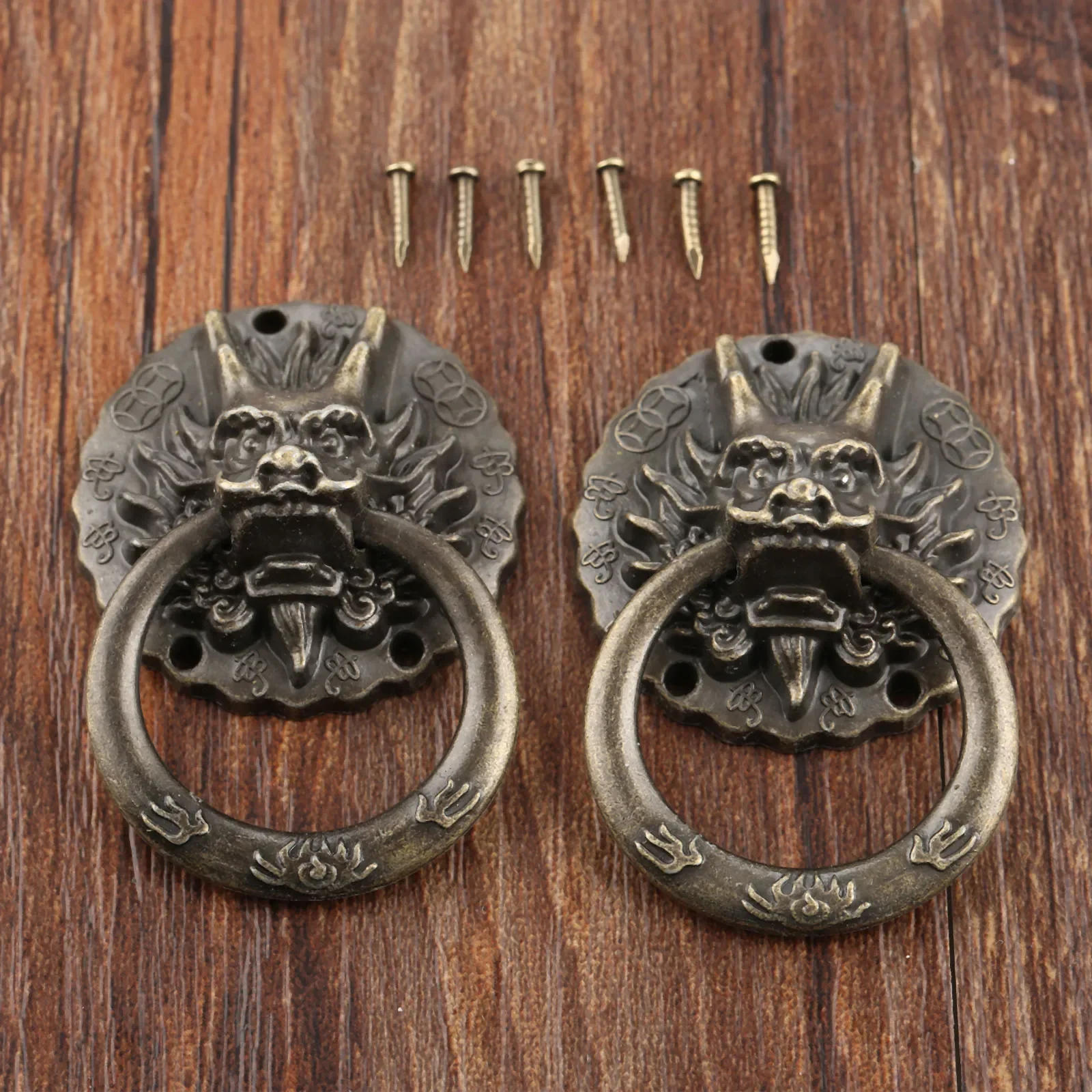 Description Picture 5 of item2pcs Antique Bronze Dragon Head Handles Old Chinese Style Vintage Pulls Ring for Dresser Drawer Cabinet Door 32*47mm