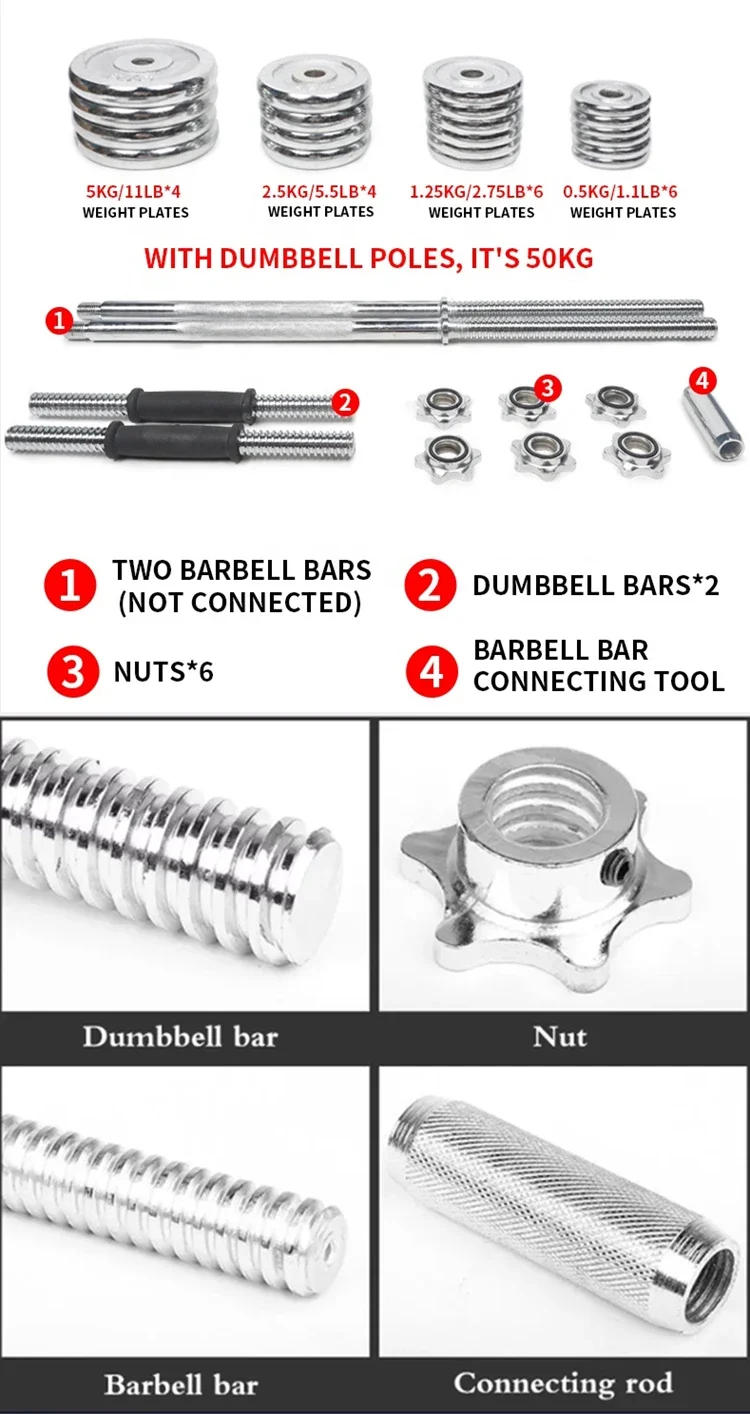 Description Picture 2 of itemWholesale Adjustable Dumbbells 50kg Barbell with Weight Plates Weights Gym Fitness Dumbbells Set Pesas Gimnasio  Kettlebell