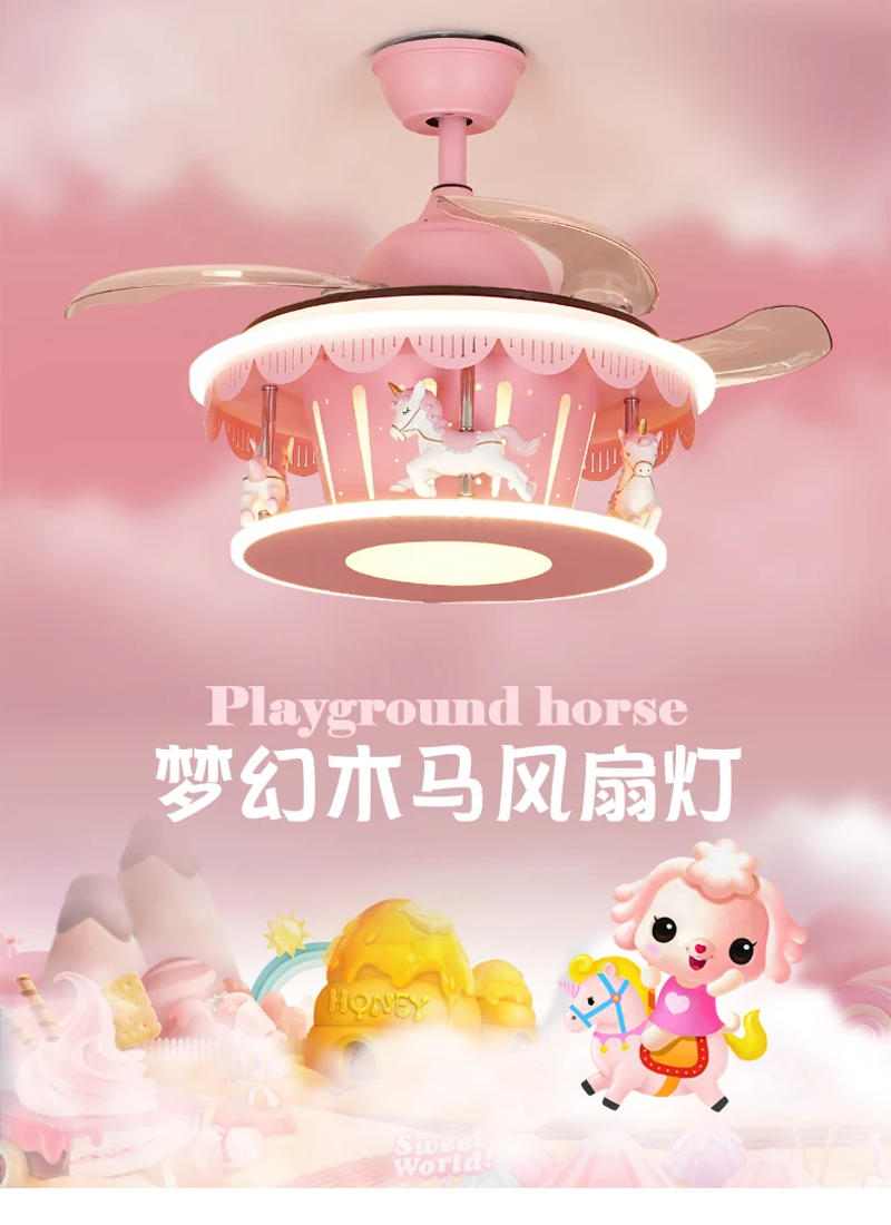 Description Picture 2 of itemCarousel, Invisible Ceiling Fan Light, Kids Fan Light, Girl, Princess Room, Bedroom, Cartoon Chandelier, Creative Lamp