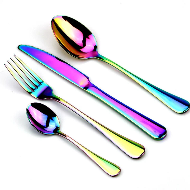 Description Picture 4 of itemJANKNG Stainless Steel Dinnerware Set Rainbow Colorful Cutlery Dishwasher Safe Dinner Western Tableware Kitchen Accessories