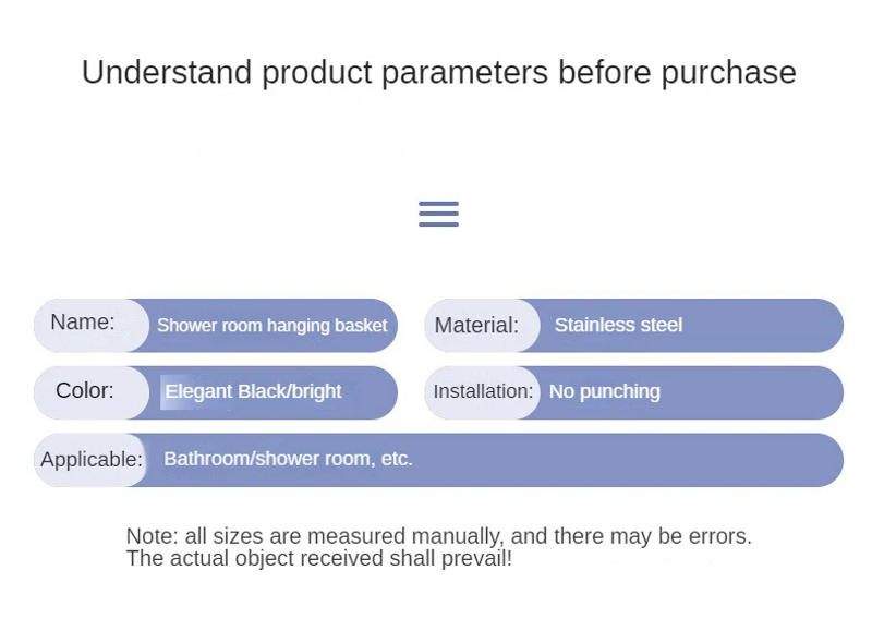 Description Picture 2 of itemBath Shelf Bathroom Accessories Black Shower Room Hanging Basket Removable Storage Rack Stainless Steel Shampoo Holder With Hook