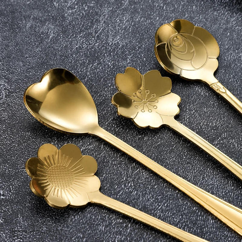 Description Picture 4 of item8/12Pcs Stainless Steel Cherry Rose Flower Gold Scoop Coffee Spoon Gifts Kitchen Dessert Tea Accessories Tableware Decoration