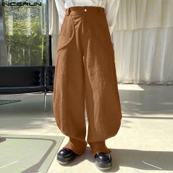 INCERUN Men Irregular Pants Solid Color Button Joggers Loose Casual Trousers Men Streetwear 2024 Pockets Fashion Leisure Pants