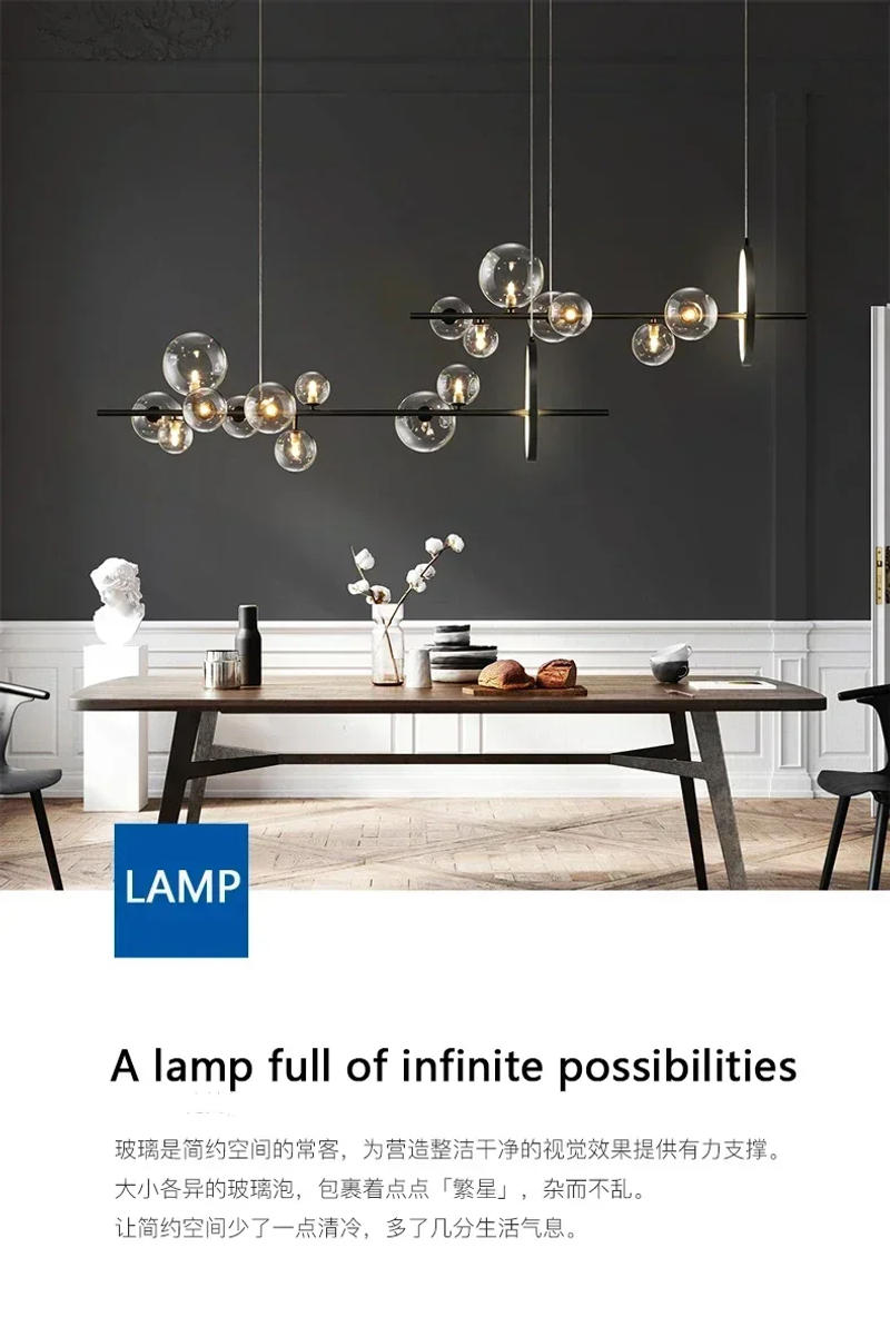 Description Picture 2 of itemModern LED Novelty Glass bubble Chandelier Nordic Dining room Lamp Office lighting Kitchen Island Home Decoration Hanging lights