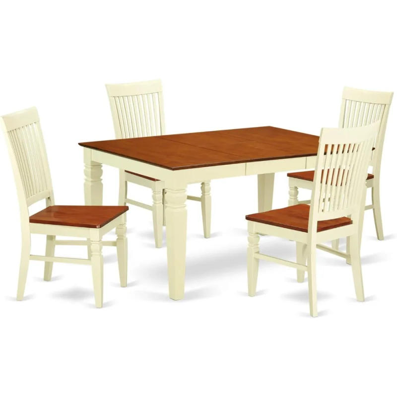 Description Picture 2 of item5 Piece Room Set a Rectangle Wooden Table with Butterfly Leaf and 4 Kitchen Dining Chairs, 42x60 Inch, Buttermilk & Cherry
