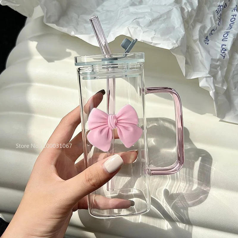 Description Picture 3 of item350ML Square Mug with Lids and Straws with Bow Water Cup Household Cup Female Milk Coffee Cups with Pink Handle Gift