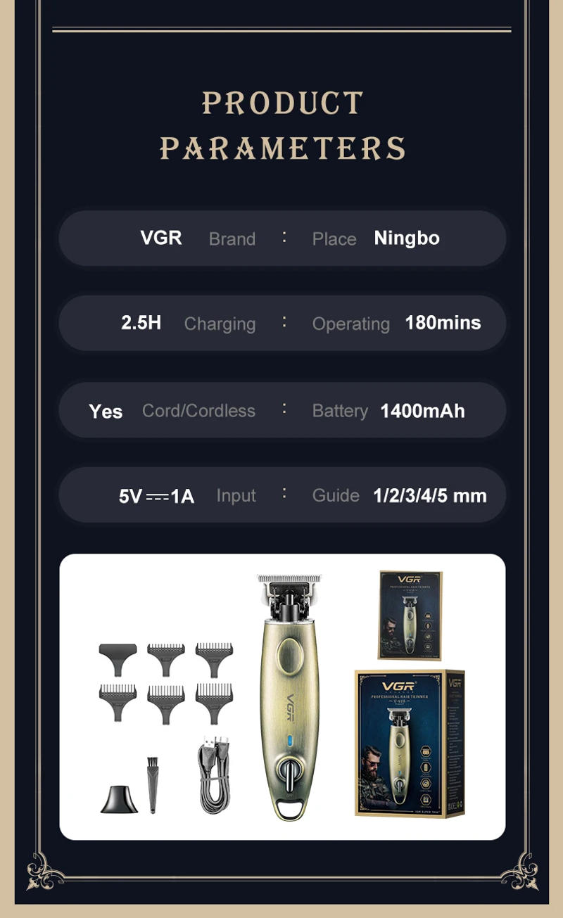 Description Picture 6 of itemVGR Rechargeable Metal Vintage Electric Hair and Beard Trimmer Men's Beauty Body Face Cut Beard Electric Professional Hairdresse