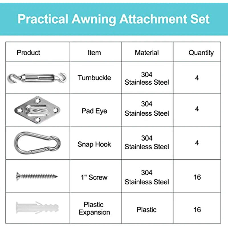 Description Picture 3 of itemAwning Install Attachment Set Heavy Duty Sun Shade Sail Stainless Steel Hardware Kit for Home Garden Sunshade Fixing Accessories