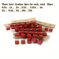 Fuse Components Kit for Slow Blow Tube Fuse, 0.5A, 1A, 2A, 2.5A, 3.15A, 4A, 5A, 6.3A, 8A, 10A, 15A, 250V, 55Pcs/ Set