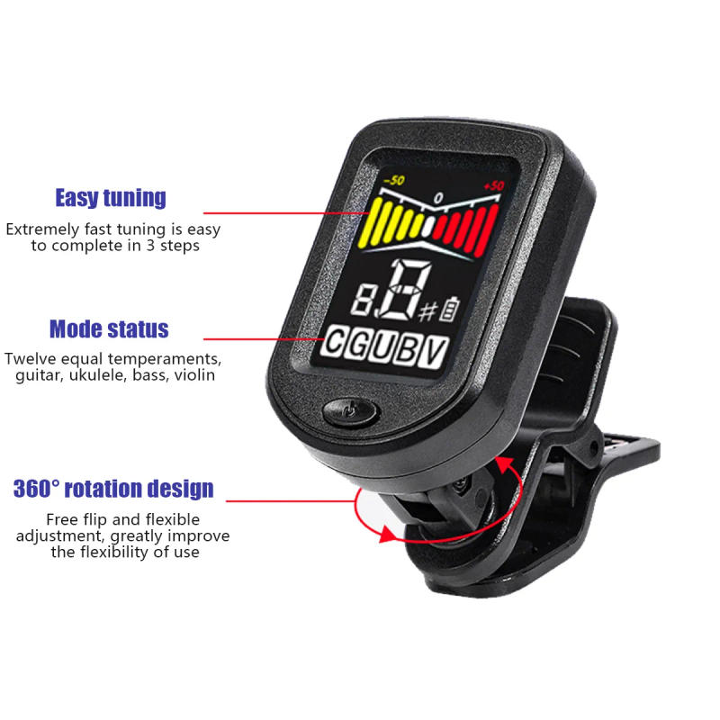 Description Picture 2 of itemElectronic Clip-On Digital Guitar Tuner Colorful LCD Screen for Violin Bass Ukulele Chromatic Tuning Modes Bass