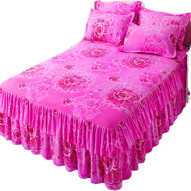Description Picture 6 of item3Pcs Bed Sheet Lace Skirt Elastic Fitted Double Bedspread With Pillowcases Mattress Cover Bedding Set Elastic King Size Bedsheet