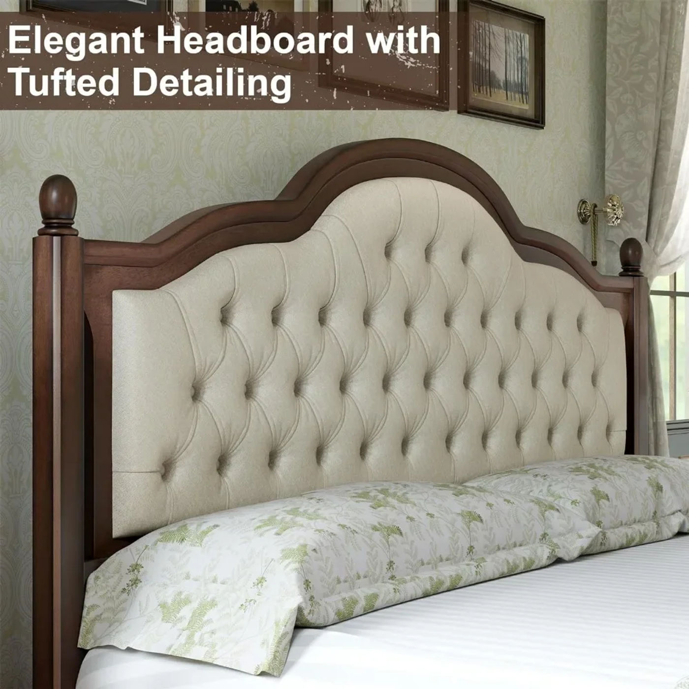 Description Picture 3 of itemKing Size Solid Wood Bed Frame,Transitional Platform Bed with 52.5" Upholstered Tufted Headboard,Rubberwood/Roman Column Accents