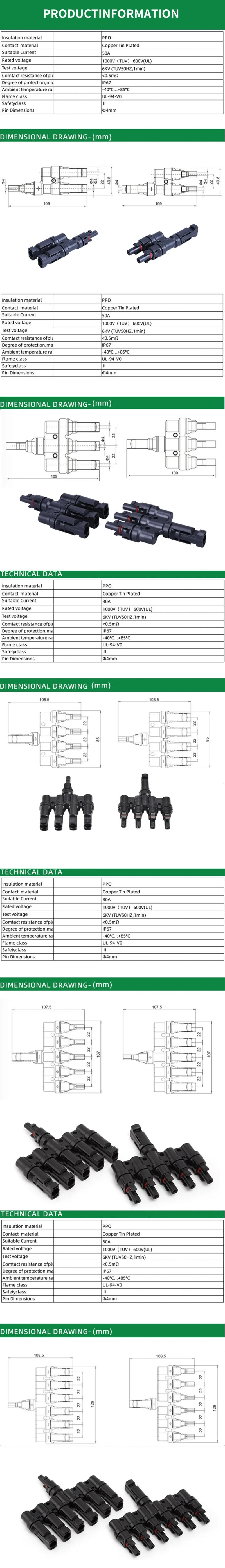 Description Picture 2 of itemSolar PV Connector 1000V 30A T Type Y Type Connector IP67 Male to Female Solar Parallel For Solar Panels and Photovoltaic System