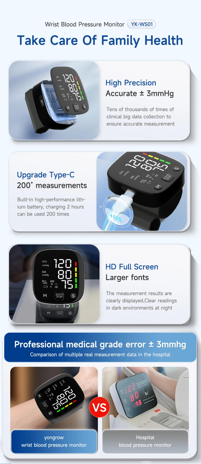 Description Picture 5 of itemYongrow Rechargeable Digital Wrist Blood Pressure Monitor Sphygmomanometer Tonometer Tensiometer Heart Rate Meter BP Monitor