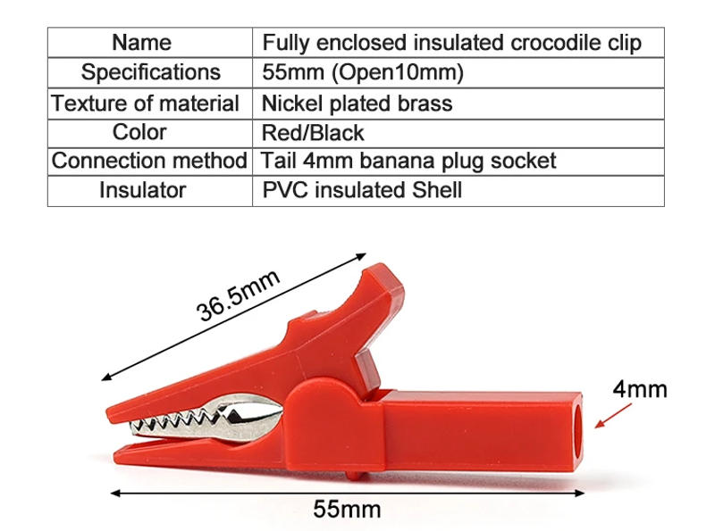 Description Picture 4 of item4Pcs/Set 55MM Alligator Clip + Banana Plug, Test Probe With 4mm Banana Plug Cable Clips Socket Battery Red Black