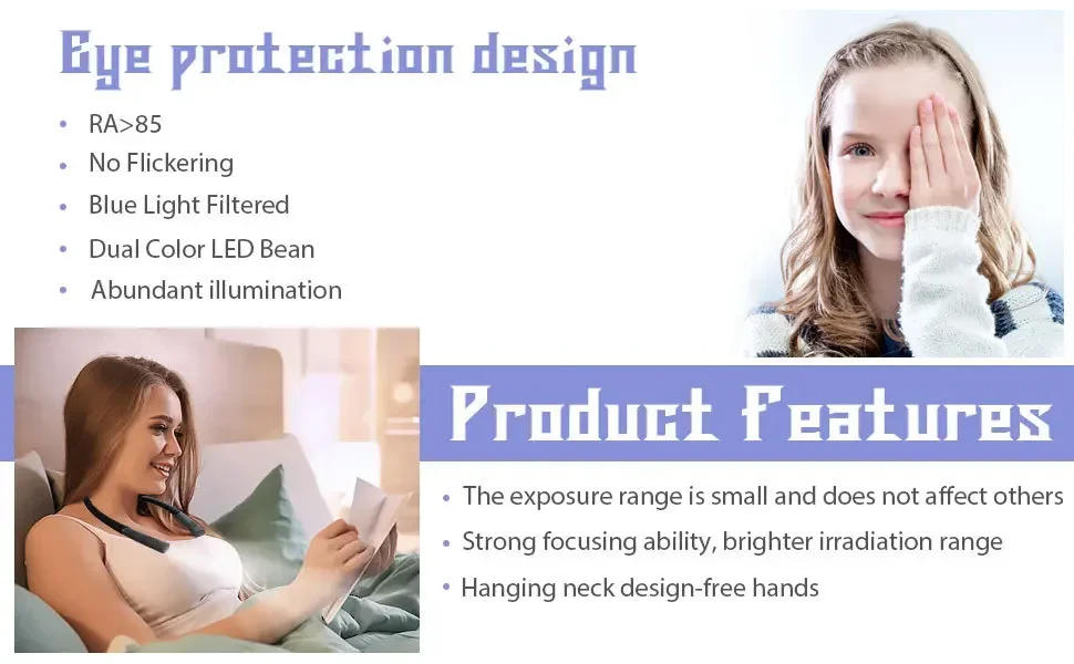 Description Picture 3 of itemNeck Reading Light Novelty Flexible Neck Lights Handsfree Book Light Hanling Read Lamp Portable USB Rechargeable Book Lighting