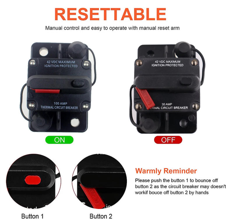 Description Picture 4 of item50A 60A 80A 100A 150A 200A 250A 300A Circuit Breaker 12-42VDC Car Truck Audio Resettable Fuse Circuit Breaker with Power Protect