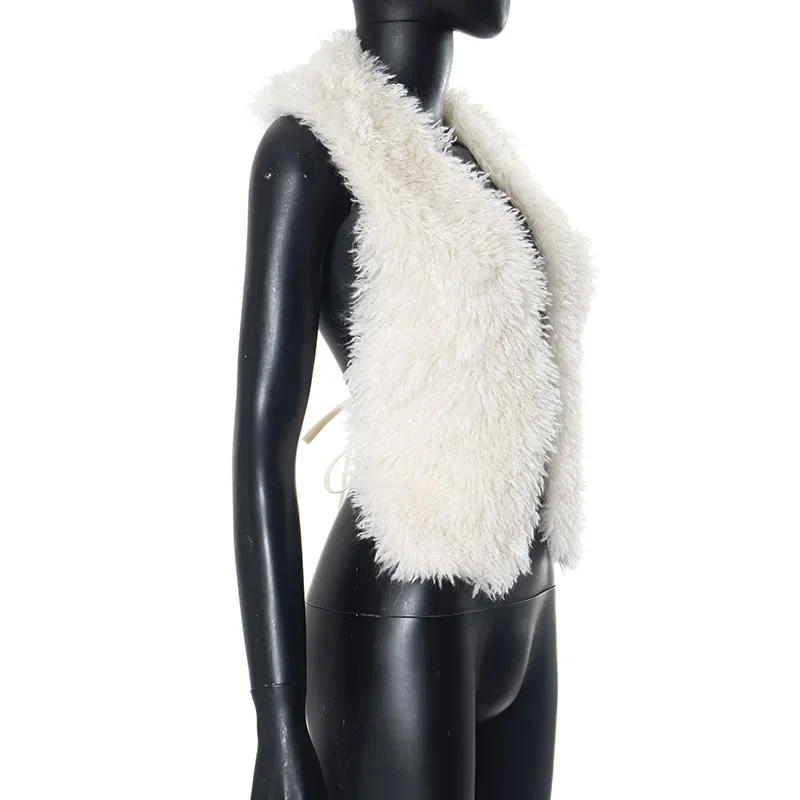 Description Picture 5 of itemWhite Fluffy Sexy Backless Halter Faux Fur Vests Women 2025 Winter Fashion Slim Sleeveless Fake Fur Y2K Cropped Jackets Female