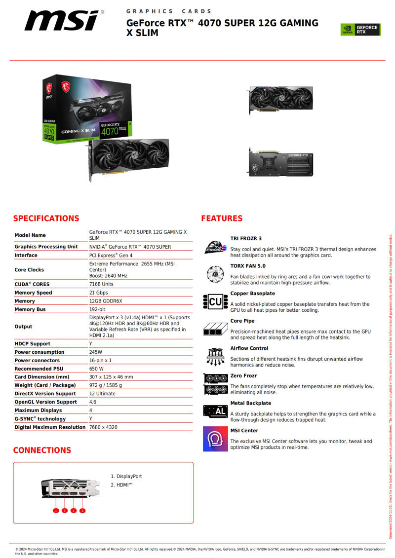 Description Picture 2 of itemOriginal Authentic MSI GeForce RTX 4070 SUPER 12G GAMING X SLIM Esports Gaming Computer Graphics Card GDDR6X 650W Power Source