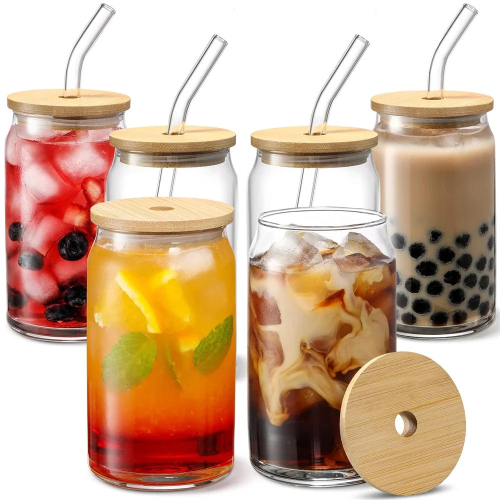 Description Picture 2 of item500ml Glass Cup with Lid and Straw Bubble Tea Cup Juice Glass Beer Can Milk Mocha Cups Breakfast Mug Drinkware Transparent Cup