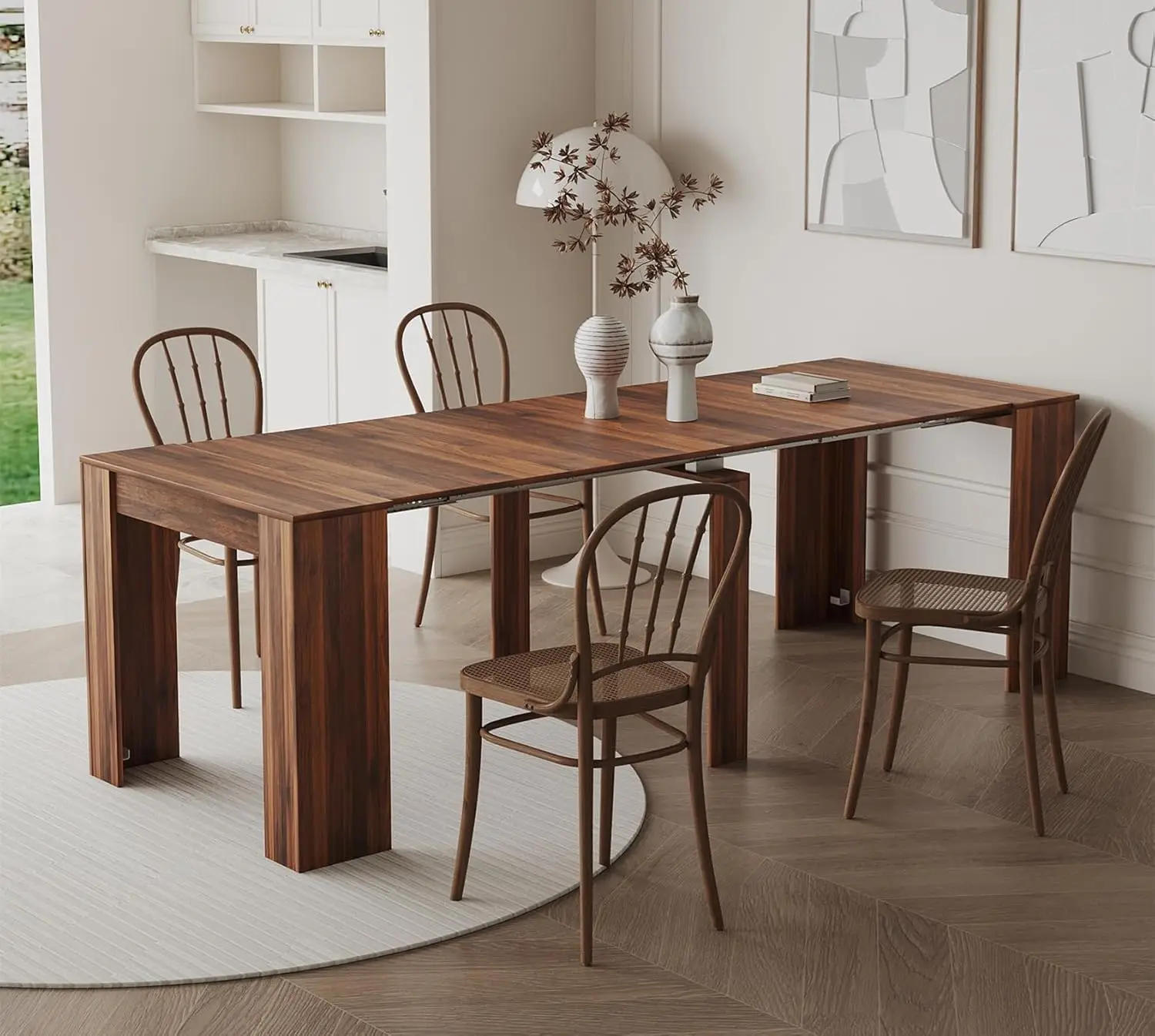 Description Picture 2 of itemRustic Wood Extendable Dining Room Table 118"Large Expandable Dining Tables for 6-12 People Industrial Transformer Kitchen Table