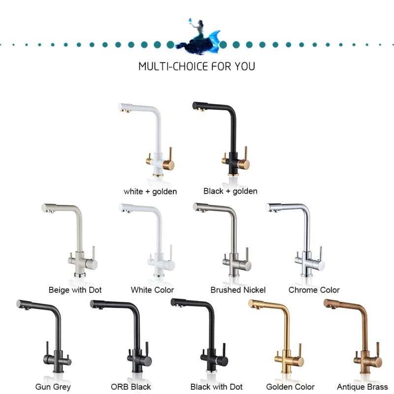 Description Picture 3 of itemChrome Purified Water Kitchen Faucet Pure Water Filter Deck Mounted Faucet Crane Dual Handles Hot Cold Water Mixer Taps