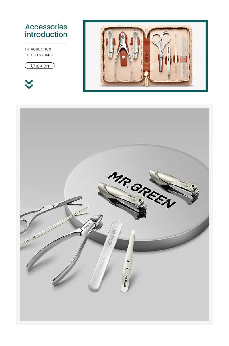 Description Picture 5 of itemMR.GREEN Manicure Set With Leather Case 7 in 1 Professional Foot And Face Care Tool Kits Stainless Steel Nail Clipper Sets Gift