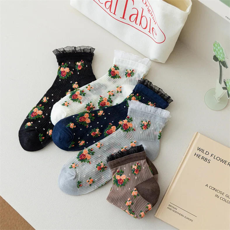 Description Picture 4 of itemLolita Lace Ruffle Socks Floral Embroidery Harajuku Vintage Short Socks Women Summer Ultra-thin Transparent Crystal Silk Socks