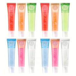 6/12Pcs Fruity Watery Glossy Lip Gloss Set VE, Rosehip, Argan, Mint, Aloe, Coconut Flavor Clear Lip Oil Moisturizing Lip Plumpin