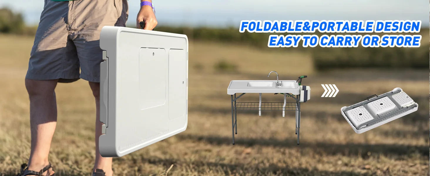 Description Picture 6 of itemCleaning Table with Sink 42.6" Width Portable Folding Camping Table with Measure Mark|Outdoor Fish Cleaning Station with Gr