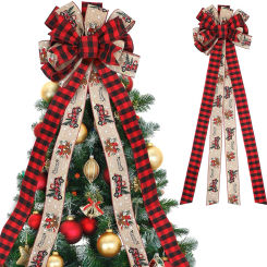 Christmas Tree Topper Bow, Red And White Striped Bow Ribbon And Truck Pattern Outdoor Decorations Festive And Party Supplies
