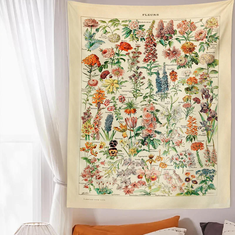 Description Picture 2 of itemBotanical Print Floral Tapestry Wall Hanging Mushroom Tapestry Vintage Boho Wildflower Vegetable Tapestry Colorful Home Decor
